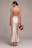 Pink Halter Mermaid Satin Wedding Guest Dress with Bow