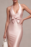 Pink Halter Mermaid Satin Wedding Guest Dress with Bow
