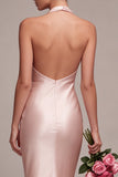 Pink Halter Mermaid Satin Wedding Guest Dress with Bow