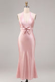 Pink Halter Mermaid Satin Wedding Guest Dress with Bow