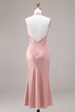 Pink Halter Mermaid Satin Wedding Guest Dress with Bow