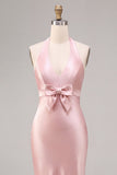 Pink Halter Mermaid Satin Wedding Guest Dress with Bow