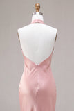 Pink Halter Mermaid Satin Wedding Guest Dress with Bow