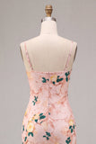Floral Pink Sheath Spaghetti Straps Wedding Guest Dress
