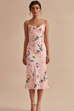 Floral Pink Sheath Spaghetti Straps Wedding Guest Dress