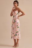 Floral Pink Sheath Spaghetti Straps Wedding Guest Dress