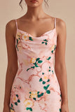 Floral Pink Sheath Spaghetti Straps Wedding Guest Dress