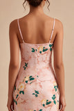 Floral Pink Sheath Spaghetti Straps Wedding Guest Dress