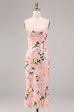 Floral Pink Sheath Spaghetti Straps Wedding Guest Dress