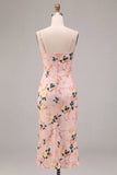 Floral Pink Sheath Spaghetti Straps Wedding Guest Dress