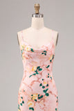 Floral Pink Sheath Spaghetti Straps Wedding Guest Dress
