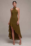 Olive Halter Asymmetrical Ruffled Wedding Guest Dress with Slit