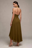 Olive Halter Asymmetrical Ruffled Wedding Guest Dress with Slit