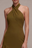 Olive Halter Asymmetrical Ruffled Wedding Guest Dress with Slit