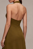 Olive Halter Asymmetrical Ruffled Wedding Guest Dress with Slit