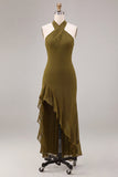 Olive Halter Asymmetrical Ruffled Wedding Guest Dress with Slit