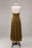 Olive Halter Asymmetrical Ruffled Wedding Guest Dress with Slit