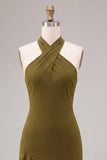 Olive Halter Asymmetrical Ruffled Wedding Guest Dress with Slit