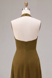 Olive Halter Asymmetrical Ruffled Wedding Guest Dress with Slit