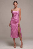 Fuchsia Ruched Spaghetti Strap Satin Midi Dress with Slit