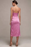 Fuchsia Ruched Spaghetti Strap Satin Midi Dress with Slit