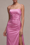 Fuchsia Ruched Spaghetti Strap Satin Midi Dress with Slit