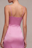 Fuchsia Ruched Spaghetti Strap Satin Midi Dress with Slit