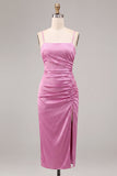 Fuchsia Ruched Spaghetti Strap Satin Midi Dress with Slit