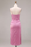 Fuchsia Ruched Spaghetti Strap Satin Midi Dress with Slit
