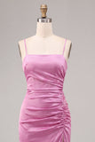 Fuchsia Ruched Spaghetti Strap Satin Midi Dress with Slit