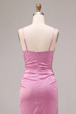 Fuchsia Ruched Spaghetti Strap Satin Midi Dress with Slit