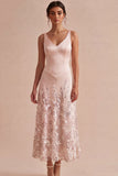 Pink A Line Sequin V Neck Wedding Guest Dress with 3D Flowers