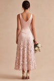 Pink A Line Sequin V Neck Wedding Guest Dress with 3D Flowers