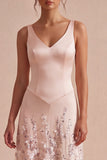 Pink A Line Sequin V Neck Wedding Guest Dress with 3D Flowers