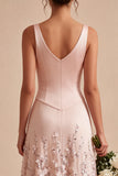 Pink A Line Sequin V Neck Wedding Guest Dress with 3D Flowers