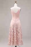 Pink A Line Sequin V Neck Wedding Guest Dress with 3D Flowers