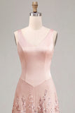 Pink A Line Sequin V Neck Wedding Guest Dress with 3D Flowers