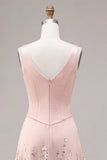 Pink A Line Sequin V Neck Wedding Guest Dress with 3D Flowers