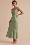 Mermaid Light Green Floral Square Neck Midi Dress