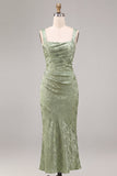 Mermaid Light Green Floral Square Neck Midi Dress
