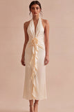 Halter Apricot Ruffled Midi Dress with 3D Flower
