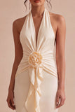 Halter Apricot Ruffled Midi Dress with 3D Flower