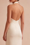 Halter Apricot Ruffled Midi Dress with 3D Flower