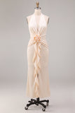 Halter Apricot Ruffled Midi Dress with 3D Flower