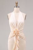 Halter Apricot Ruffled Midi Dress with 3D Flower