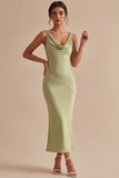 Light Green Mermaid Cowl Neck Satin Midi Dress