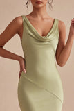 Light Green Mermaid Cowl Neck Satin Midi Dress