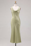 Light Green Mermaid Cowl Neck Satin Midi Dress
