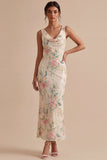 White Pink Flower Mermaid Sequin Wedding Guest Dress with Slit
