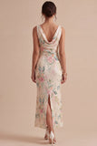 White Pink Flower Mermaid Sequin Wedding Guest Dress with Slit